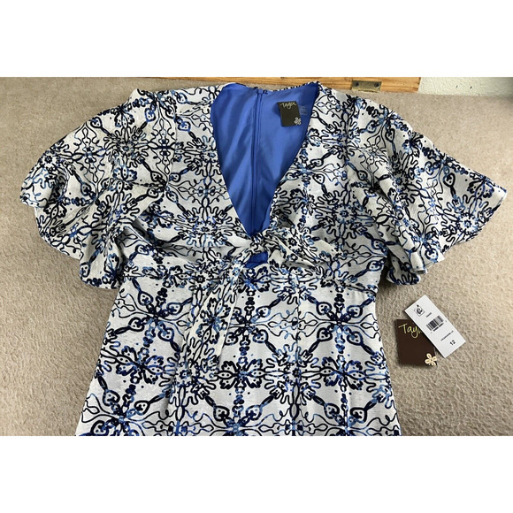 Taylor Boho Blue Dress Sz 12 Tiered Midi Lined Front Tie Flutter Sleeve New - Picture 7 of 13